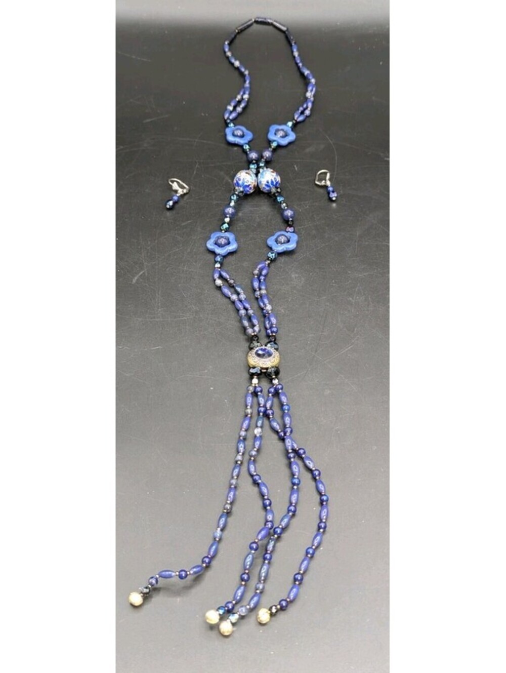 Vintage Cloisonne Blue Sodalite Flower Lariat Tassel Y Necklace Earring Set OOAK